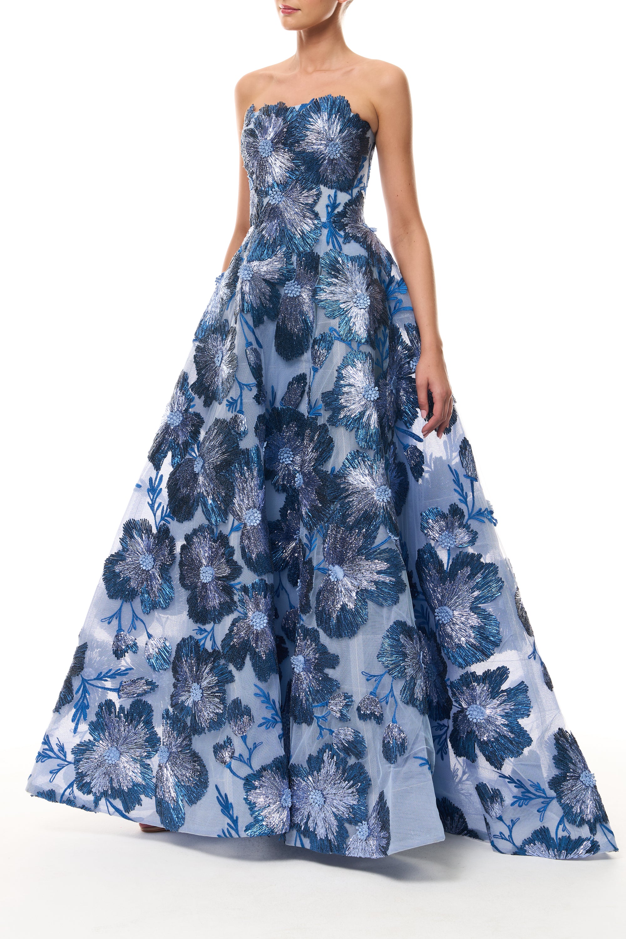 Monique Lhuillier Spring 2026 Lake/Multi Metallic Raffia Floral Embroidered Tulle Strapless ball gown - side.