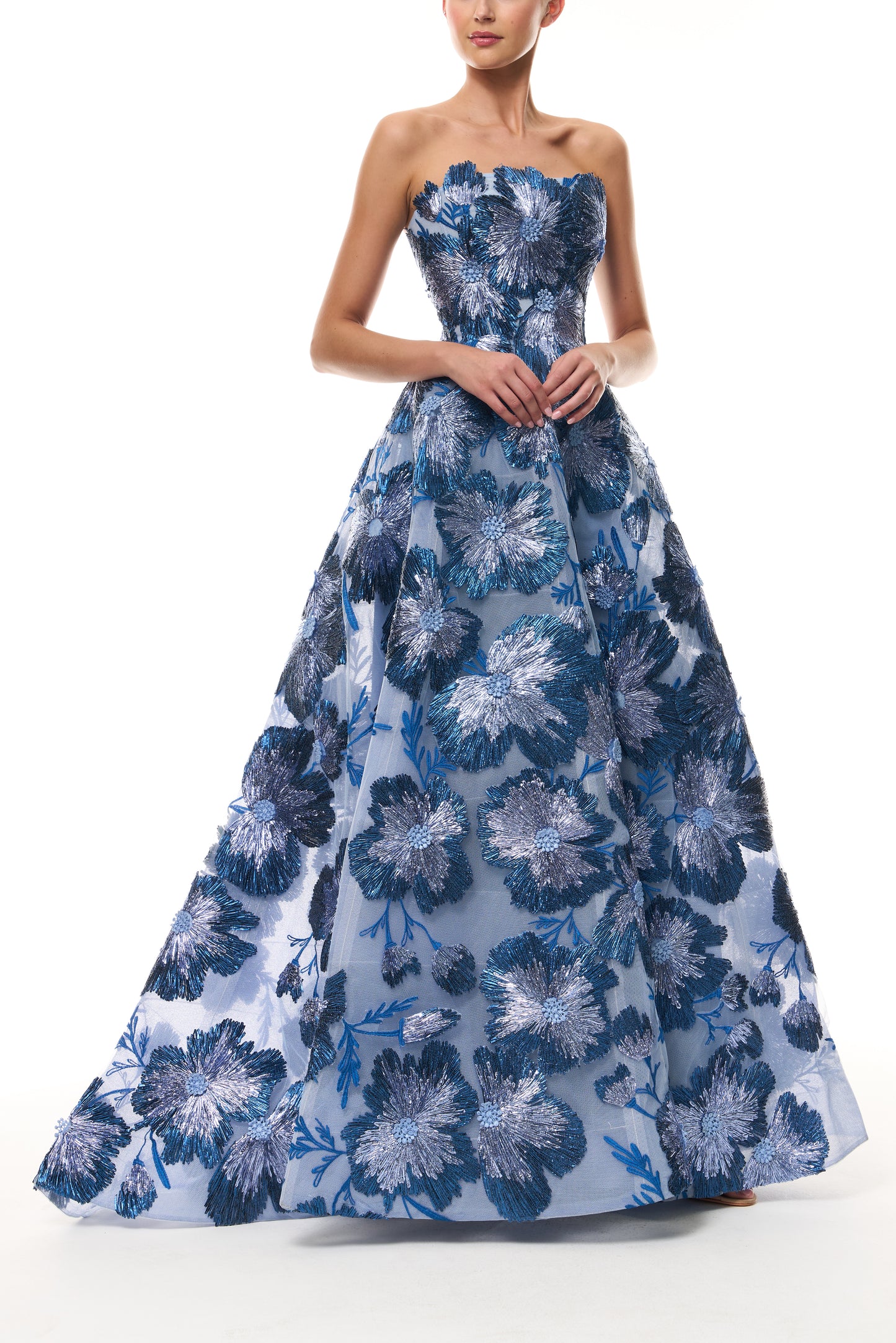 Monique Lhuillier Spring 2026 Lake/Multi Metallic Raffia Floral Embroidered Tulle Strapless ball gown -front.