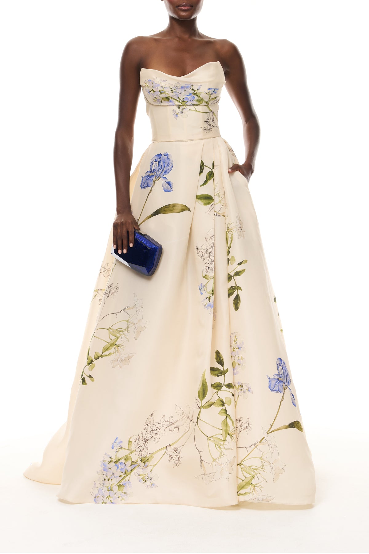 Monique Lhuillier Spring 2026 Ivory Multi Iris Bouquet Printed Gazar Draped bodice
ball gown with front skirt slit - front with Blue Dasha Minaudière
