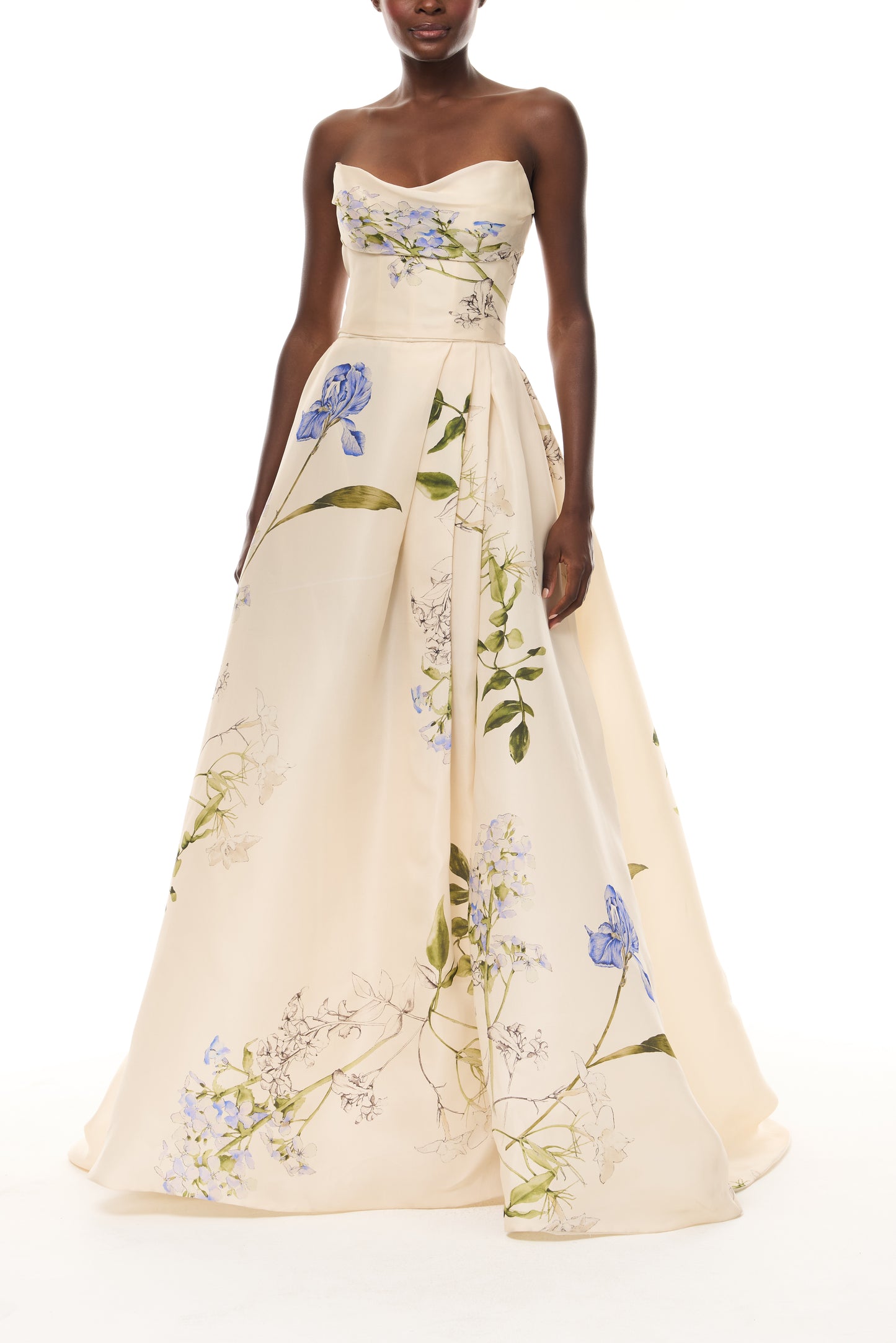 Monique Lhuillier Spring 2026 Ivory Multi Iris Bouquet Printed Gazar Draped bodice
ball gown with front skirt slit - front.