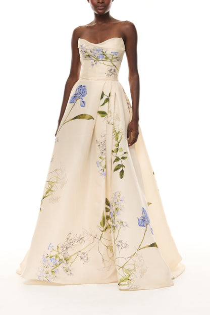 Monique Lhuillier Spring 2026 Ivory Multi Iris Bouquet Printed Gazar Draped bodice
ball gown with front skirt slit - front.