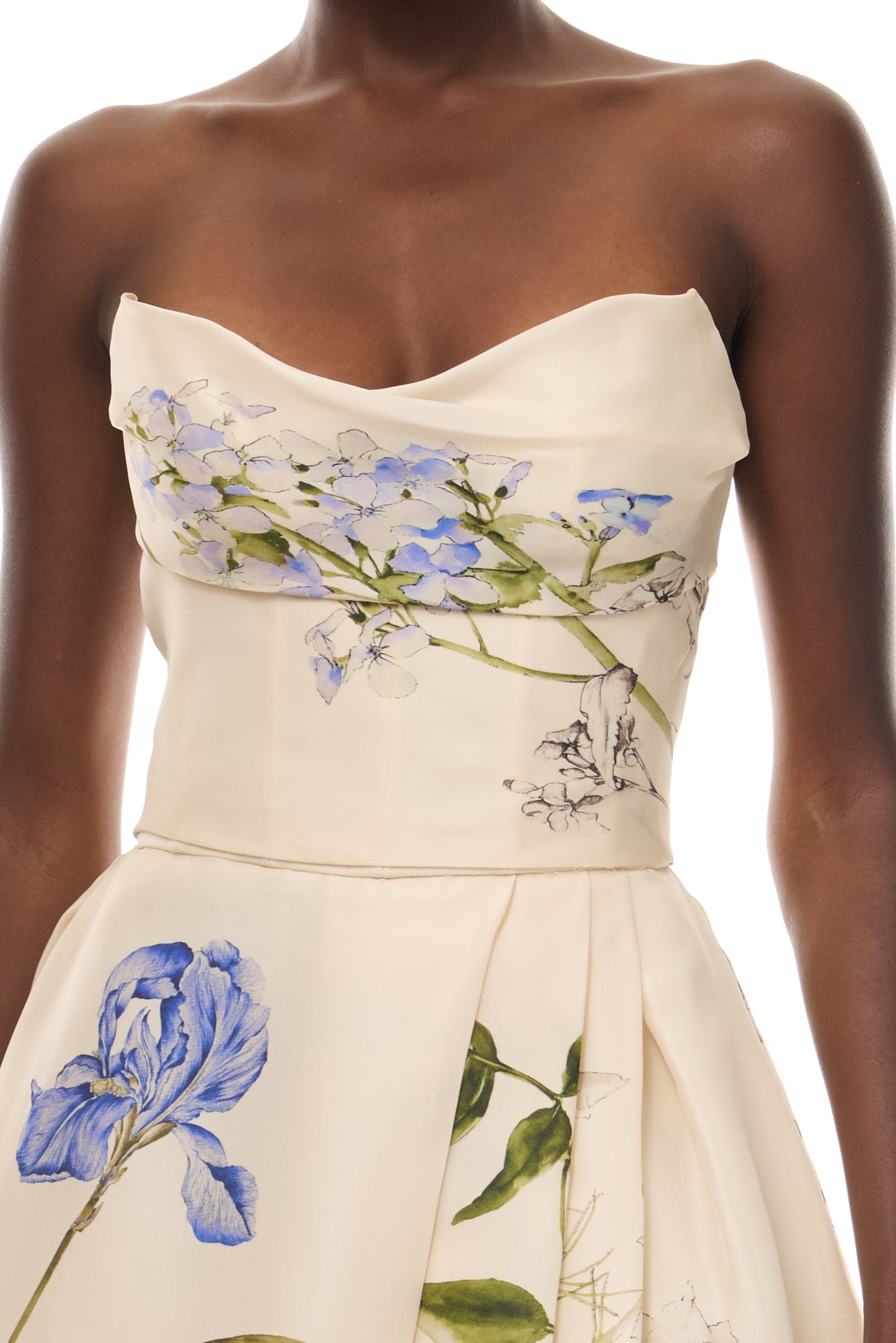 Monique Lhuillier Spring 2026 Ivory Multi Iris Bouquet Printed Gazar Draped bodice
ball gown with front skirt slit - fabric.