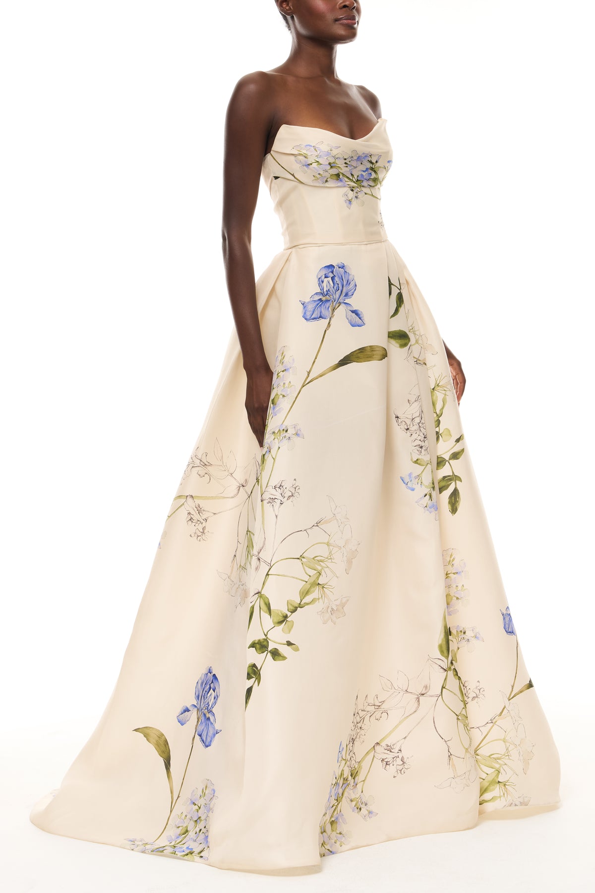 Monique Lhuillier Spring 2026 Ivory Multi Iris Bouquet Printed Gazar Draped bodice
ball gown with front skirt slit - side.