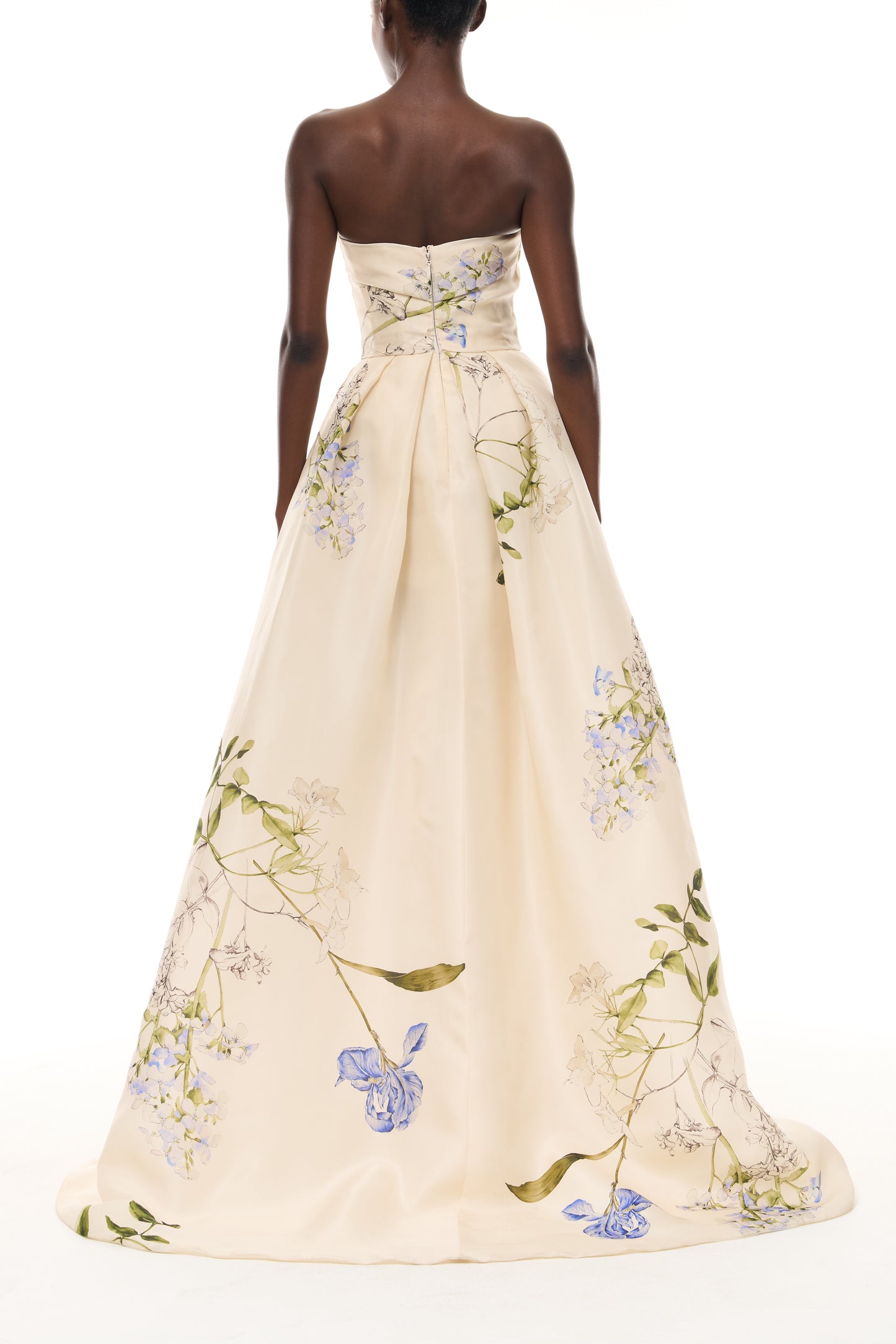 Monique Lhuillier Spring 2026 Ivory Multi Iris Bouquet Printed Gazar Draped bodice
ball gown with front skirt slit - back.
