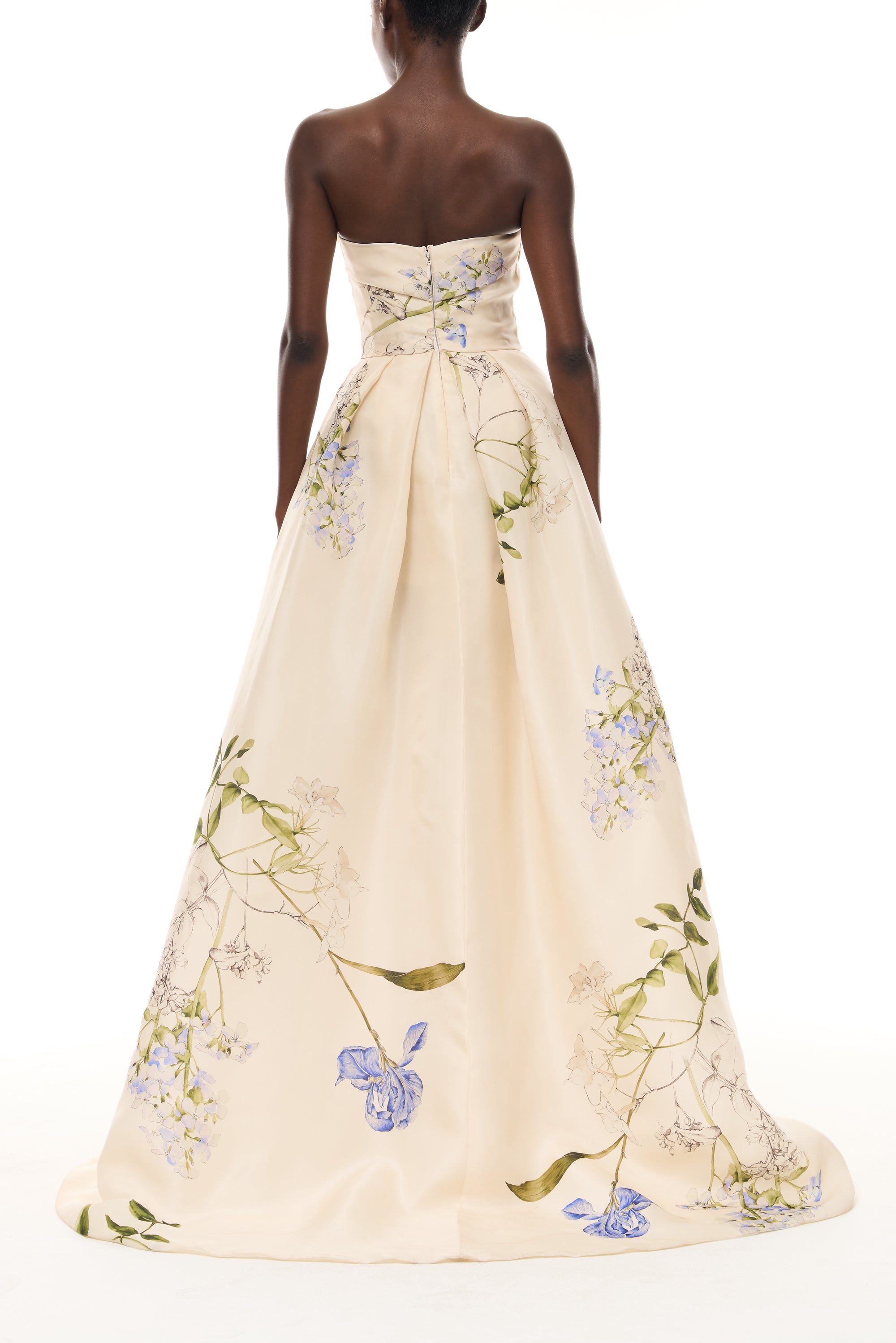 Monique Lhuillier Spring 2026 Ivory Multi Iris Bouquet Printed Gazar Draped bodice
ball gown with front skirt slit - back.