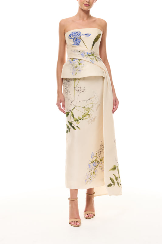 Monique Lhuillier Spring 2026 Iris Bouquet
Printed Gazar Strapless draped peplum gown - front.