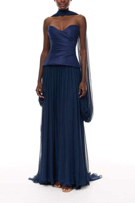 Monique Lhuillier Spring 2026 Navy Stretch Mikado/Chiffon Strapless dropped waist corset gown and shawl - front.