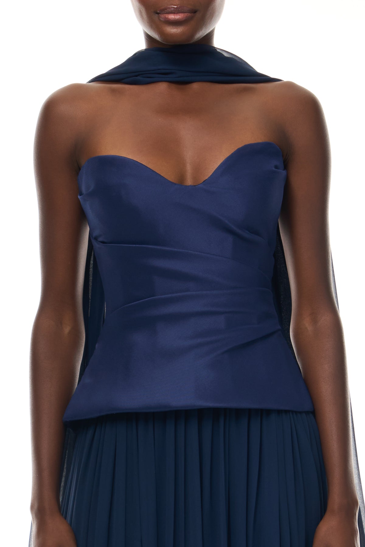 Monique Lhuillier Spring 2026 Navy Stretch Mikado/Chiffon Strapless dropped waist corset gown and shawl - fabric. 