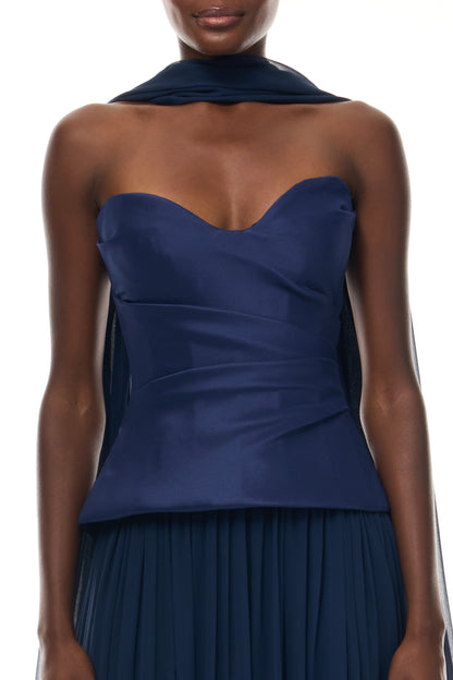 Monique Lhuillier Spring 2026 Navy Stretch Mikado/Chiffon Strapless dropped waist corset gown and shawl - fabric. 