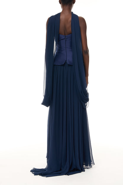 Monique Lhuillier Spring 2026 Navy Stretch Mikado/Chiffon Strapless dropped waist corset gown and shawl - back.