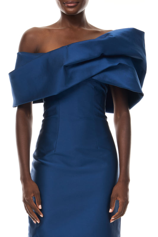 Monique Lhuillier Spring 2026 Navy Mikado Asymmetric drape neckline column gown - fabric.