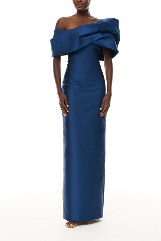 Monique Lhuillier Spring 2026 Navy Mikado Asymmetric drape neckline column gown - front.