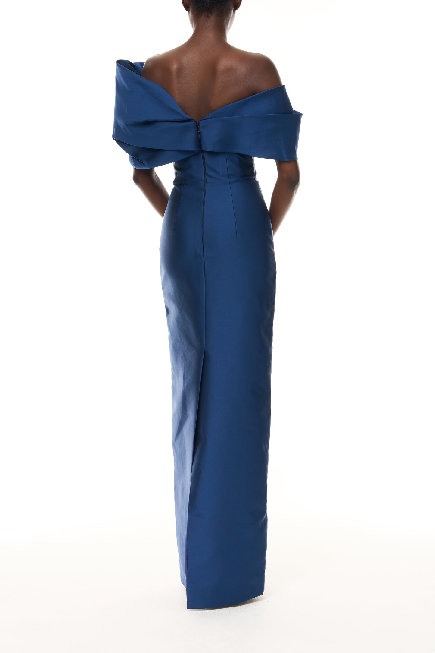 Monique Lhuillier Spring 2026 Navy Mikado Asymmetric drape neckline column gown - back.