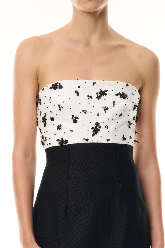 Monique Lhuillier Fall 2026 Silk White/Noir Petite Fleur Embroidered Basketweave Strapless embroidered bodice midi cocktail dress -fabric. 