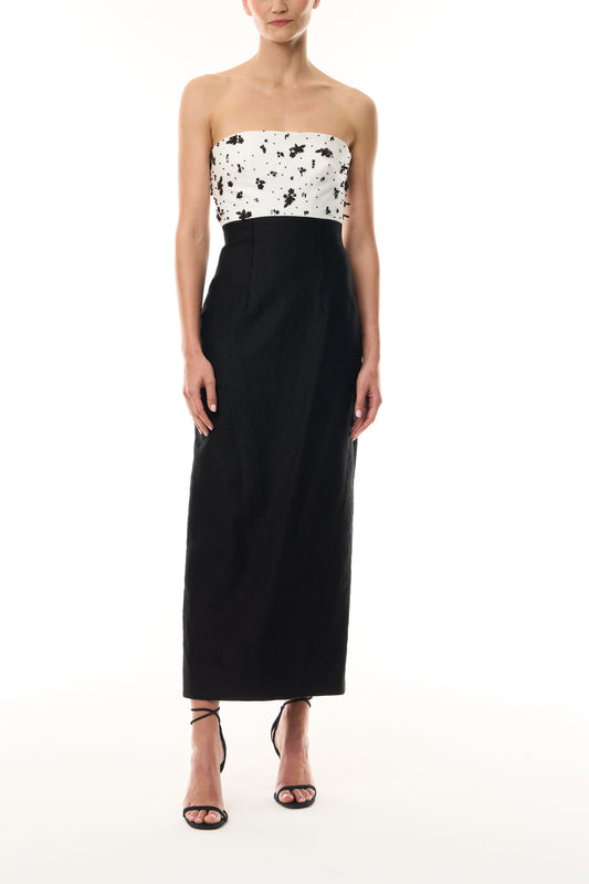 Monique Lhuillier Fall 2026 Silk White/Noir Petite Fleur Embroidered Basketweave Strapless embroidered bodice midi cocktail dress -front.