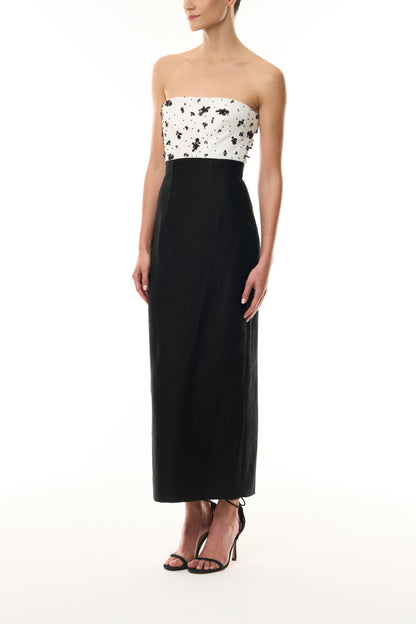 Monique Lhuillier Fall 2026 Silk White/Noir Petite Fleur Embroidered Basketweave Strapless embroidered bodice midi cocktail dress -side.