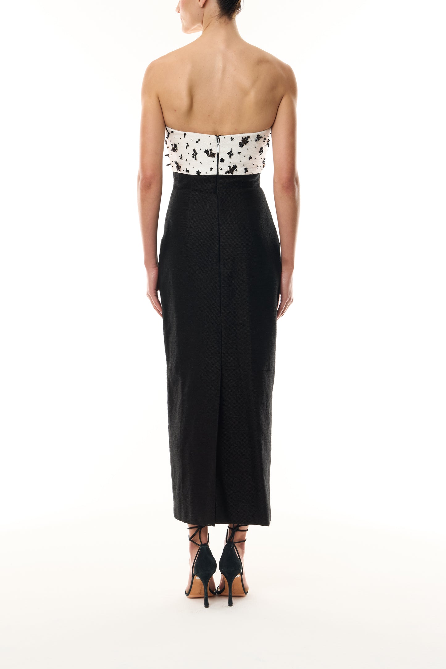 Monique Lhuillier Fall 2026 Silk White/Noir Petite Fleur Embroidered Basketweave Strapless embroidered bodice midi cocktail dress -back.