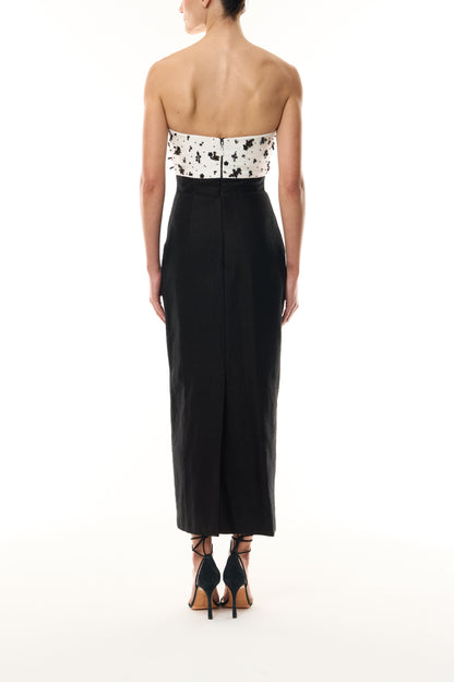 Monique Lhuillier Fall 2026 Silk White/Noir Petite Fleur Embroidered Basketweave Strapless embroidered bodice midi cocktail dress -back.