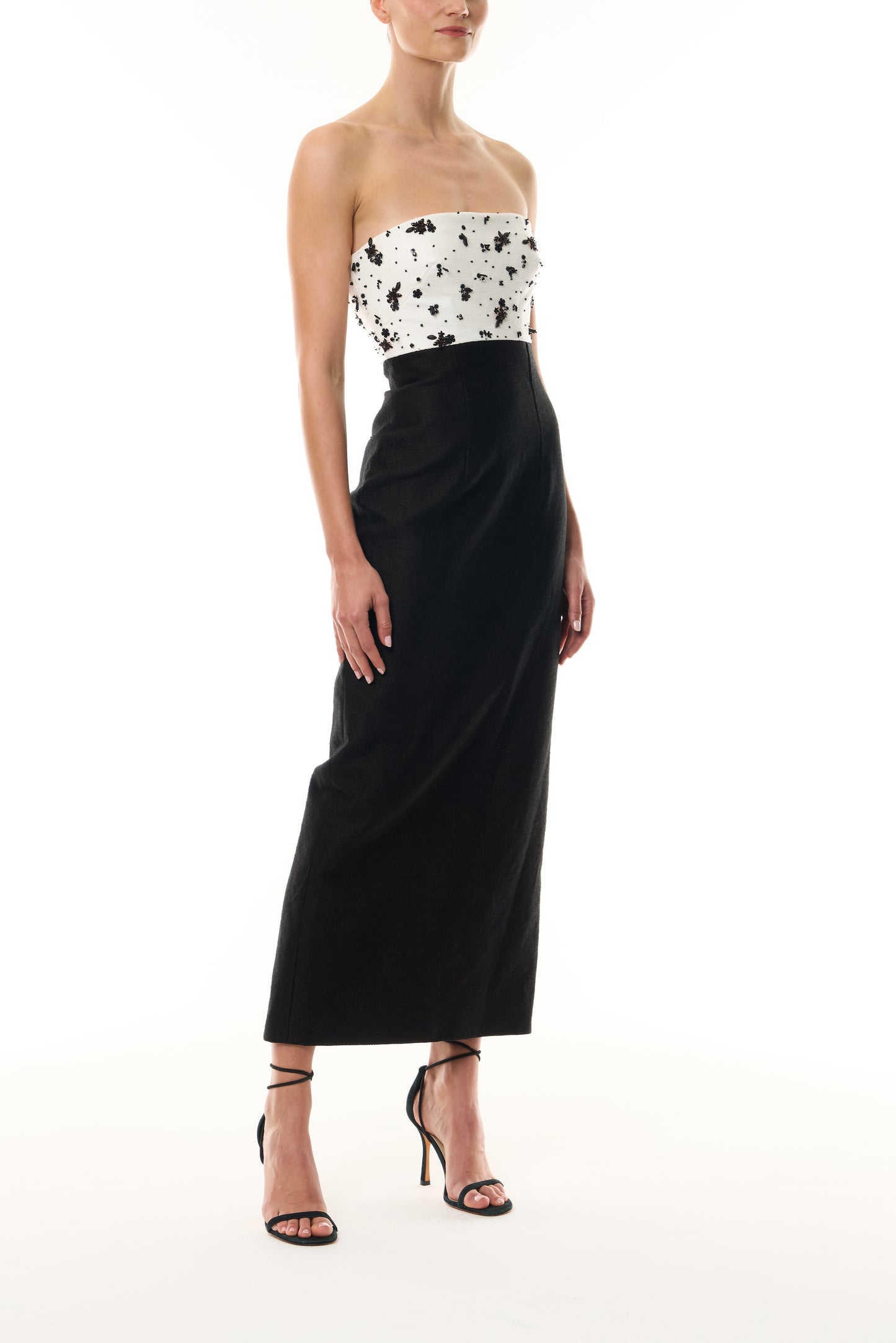 Monique Lhuillier Fall 2026 Silk White/Noir Petite Fleur Embroidered Basketweave Strapless embroidered bodice midi cocktail dress -side.