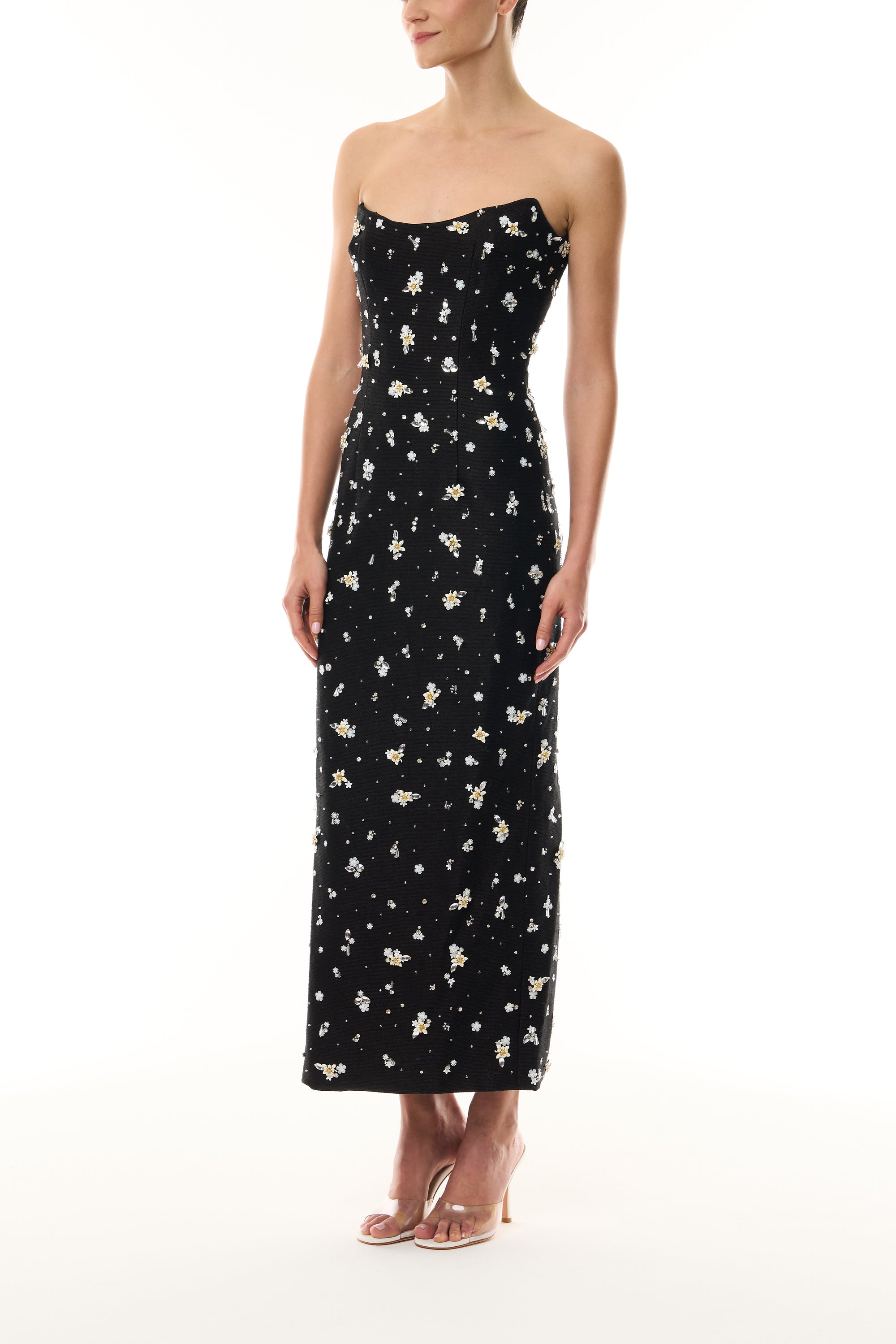 Monique Lhuillier Fall 2026 Noir Petite Fleur Embroidered Basketweave Strapless Allover embroidered
midi cocktail dress - side.