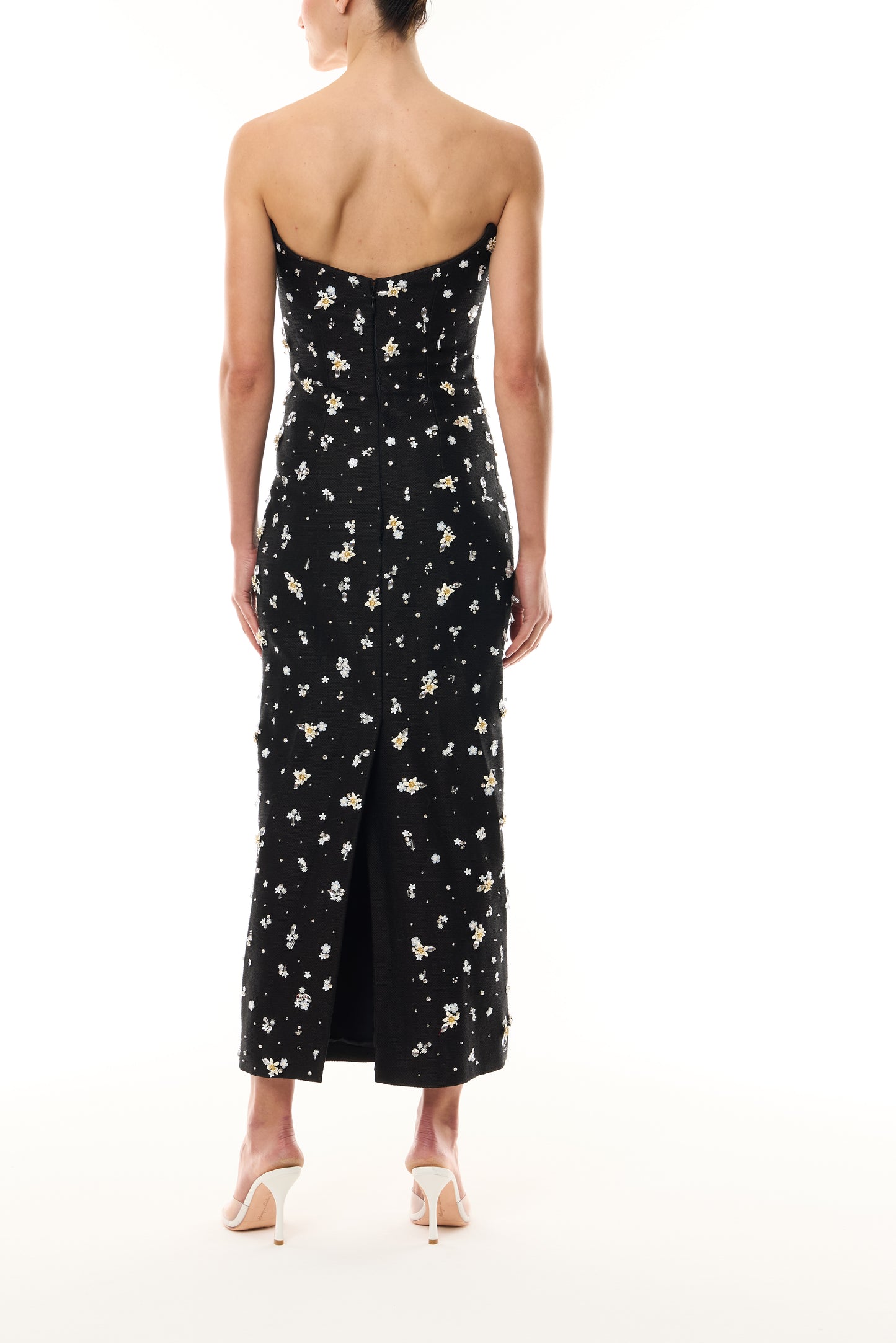 Monique Lhuillier Fall 2026 Noir Petite Fleur Embroidered Basketweave Strapless Allover embroidered
midi cocktail dress - back.