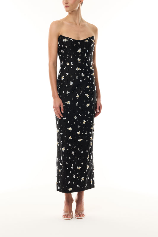 Monique Lhuillier Fall 2026 Noir Petite Fleur Embroidered Basketweave Strapless Allover embroidered
midi cocktail dress - front.