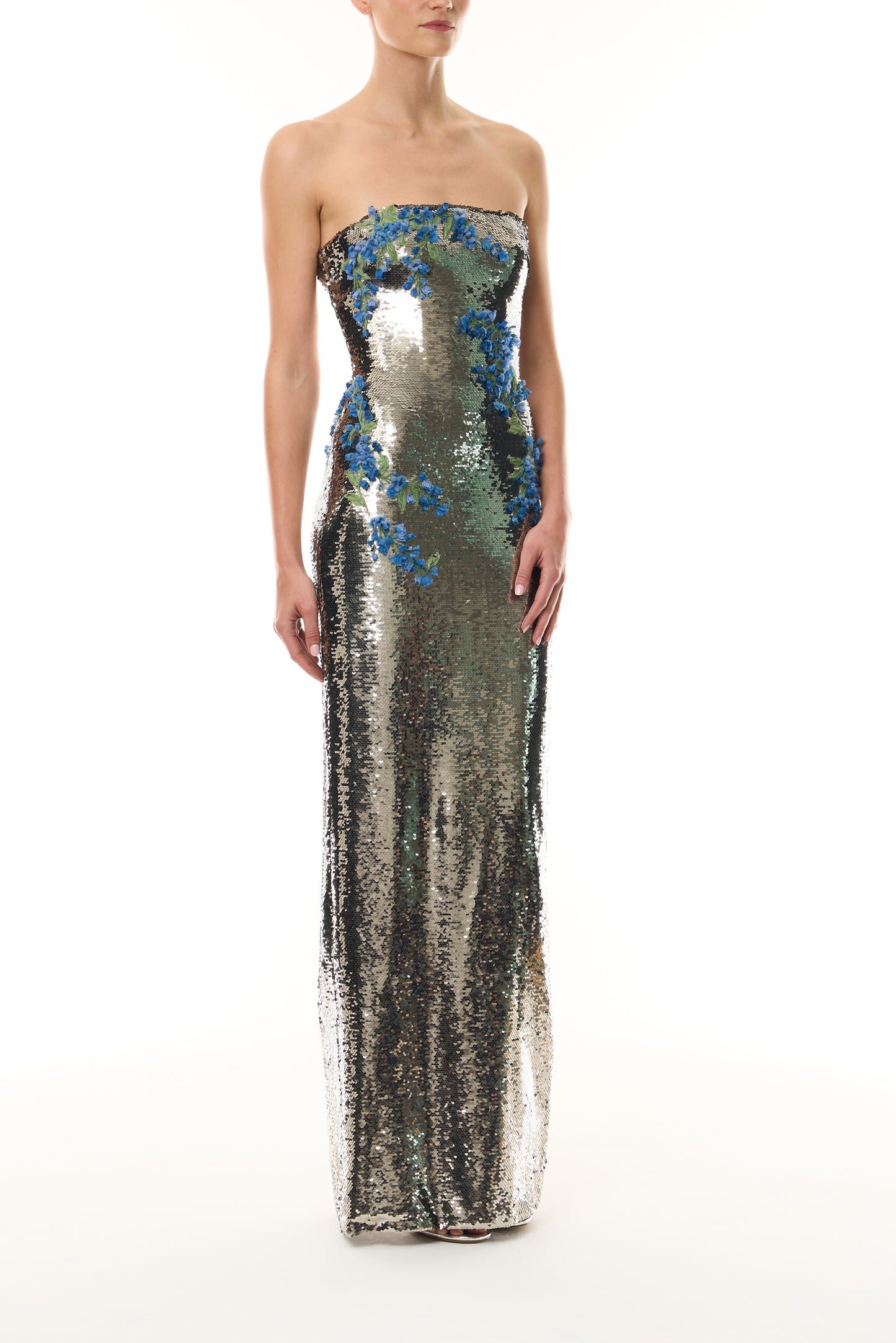 Monique Lhuillier Fall 2026 Chrome/Multi Sequin Floral Strapless Embroidered column Gown with blue and green three-dimensional embroidery - side.