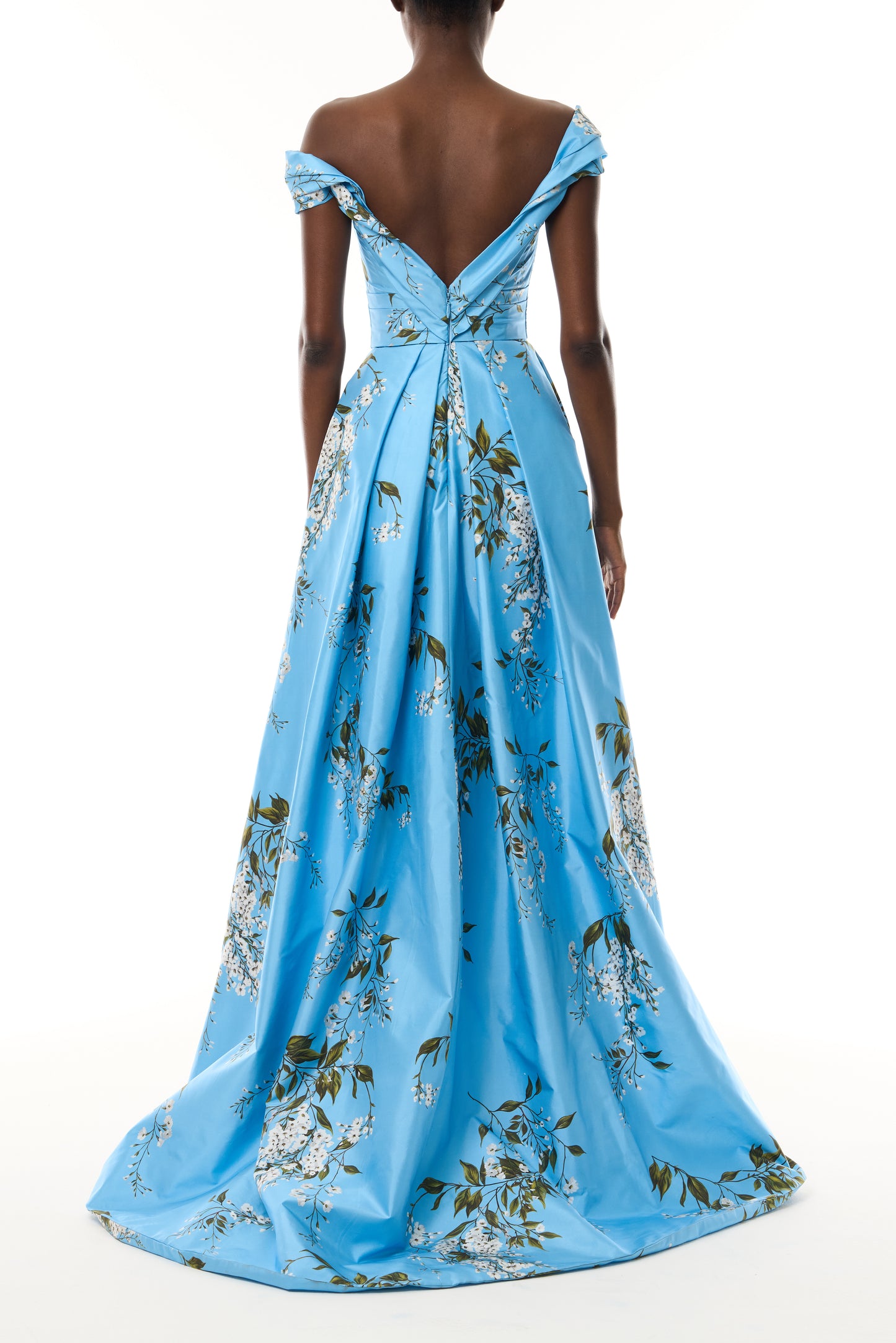 Monique Lhuillier Fall 2026 Horizon Blue Multi Wisteria Printed Taffeta Asymmetric draped bodice ball gown with front slit- back.