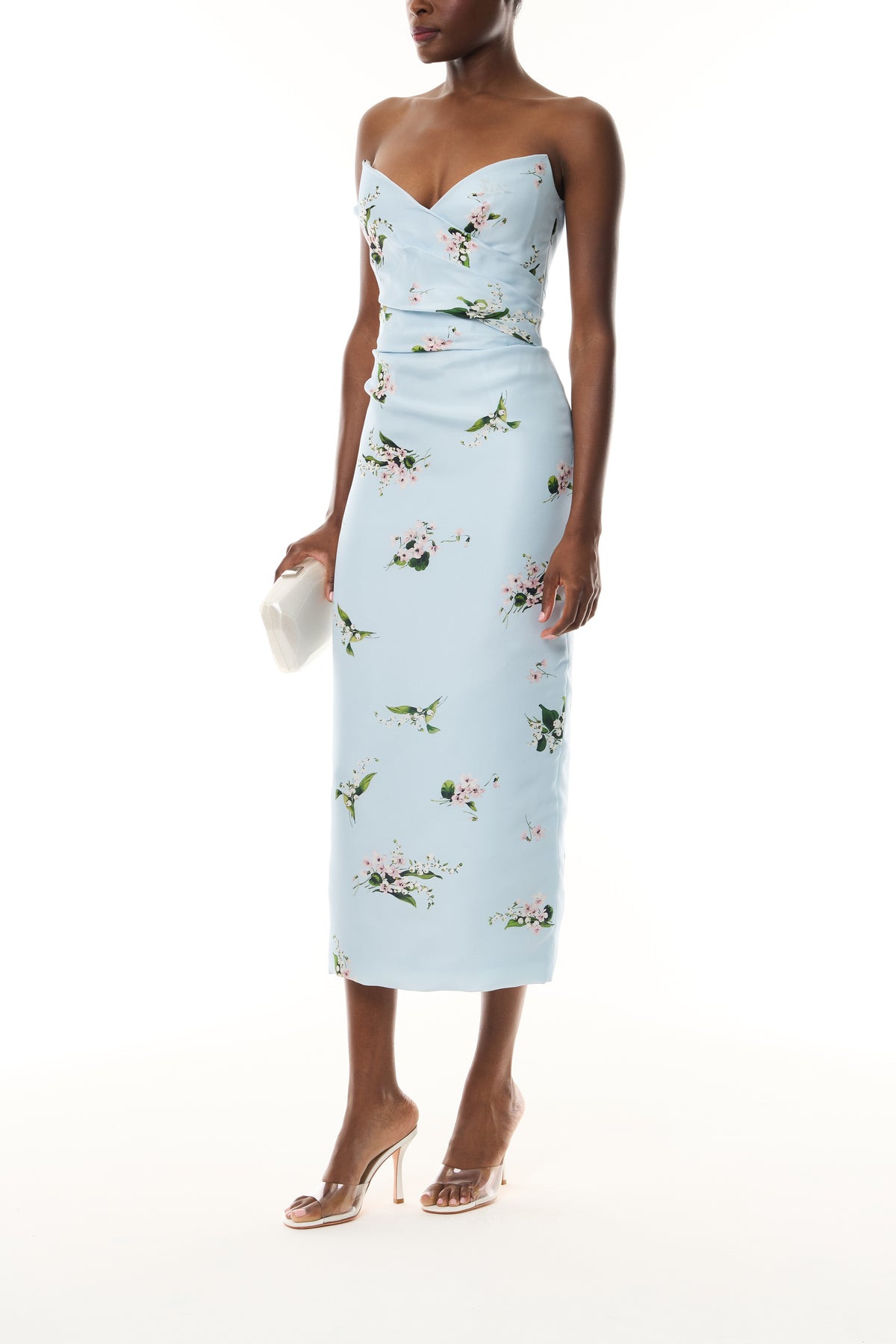 Monique Lhuillier Fall 2026 Breeze Multi Floating Posies Printed Gazar Strapless draped bodice cocktail dress - front with Crystal Dust Dasha Minaudière
