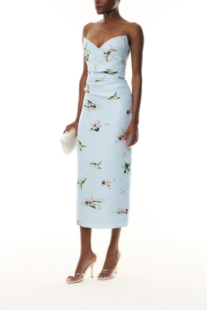 Monique Lhuillier Fall 2026 Breeze Multi Floating Posies Printed Gazar Strapless draped bodice cocktail dress - front with Crystal Dust Dasha Minaudière