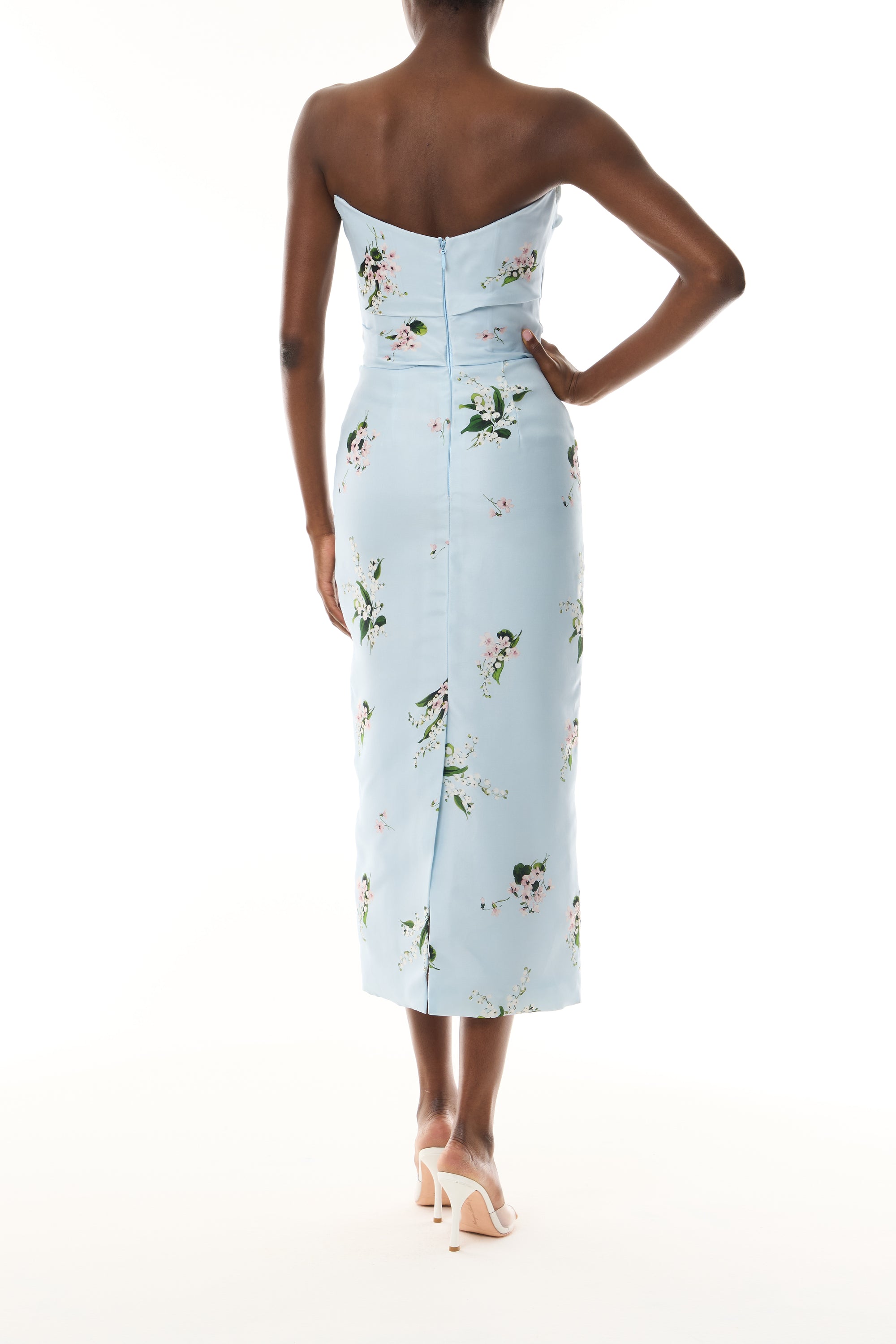 Monique Lhuillier Fall 2026 Breeze Multi Floating Posies Printed Gazar Strapless draped bodice cocktail dress - back.