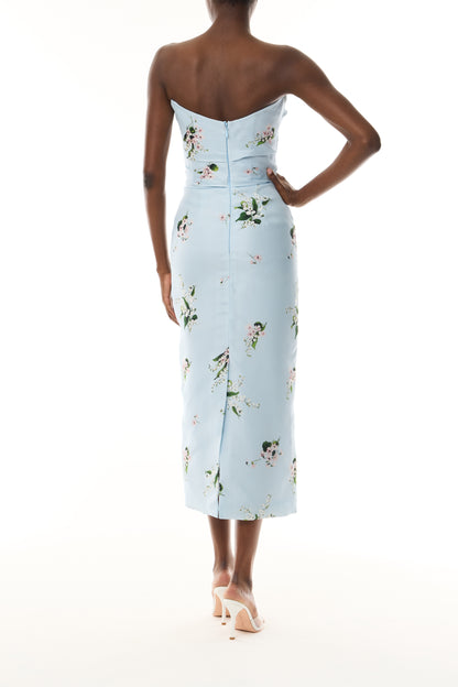 Monique Lhuillier Fall 2026 Breeze Multi Floating Posies Printed Gazar Strapless draped bodice cocktail dress - back.