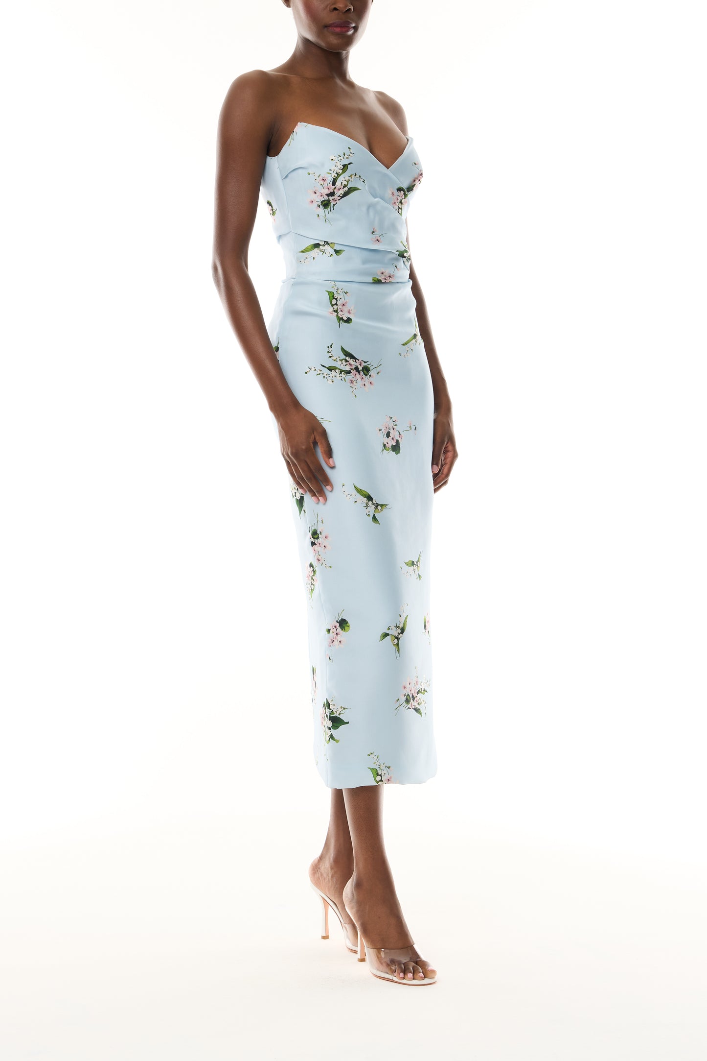 Monique Lhuillier Fall 2026 Breeze Multi Floating Posies Printed Gazar Strapless draped bodice cocktail dress - side.
