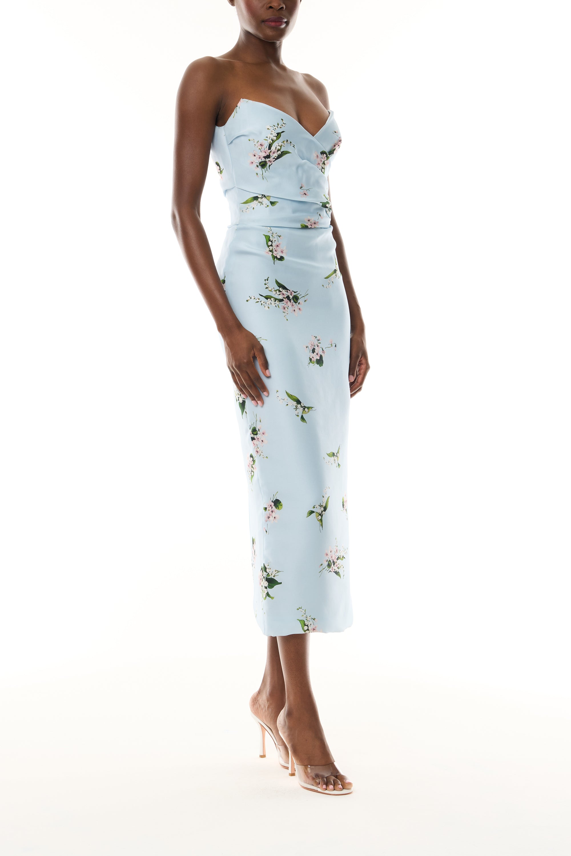 Monique Lhuillier Fall 2026 Breeze Multi Floating Posies Printed Gazar Strapless draped bodice cocktail dress - side.