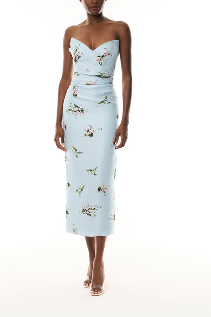 Monique Lhuillier Fall 2026 Breeze Multi Floating Posies Printed Gazar Strapless draped bodice cocktail dress - front.