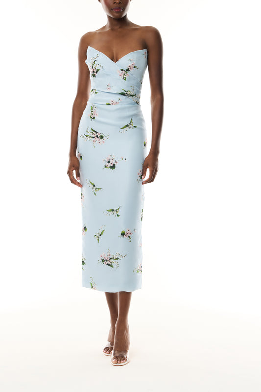 Monique Lhuillier Fall 2026 Breeze Multi Floating Posies Printed Gazar Strapless draped bodice cocktail dress - front.