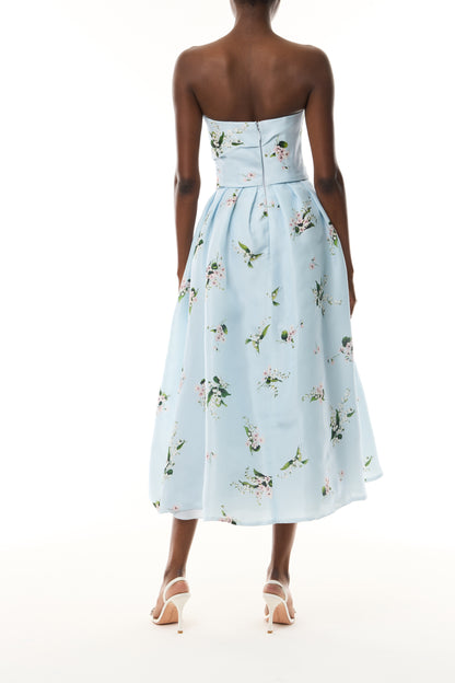 Monique Lhuillier Fall 2026 Breeze Multi Floating Posies Printed Gazar Strapless tea length dress - back.