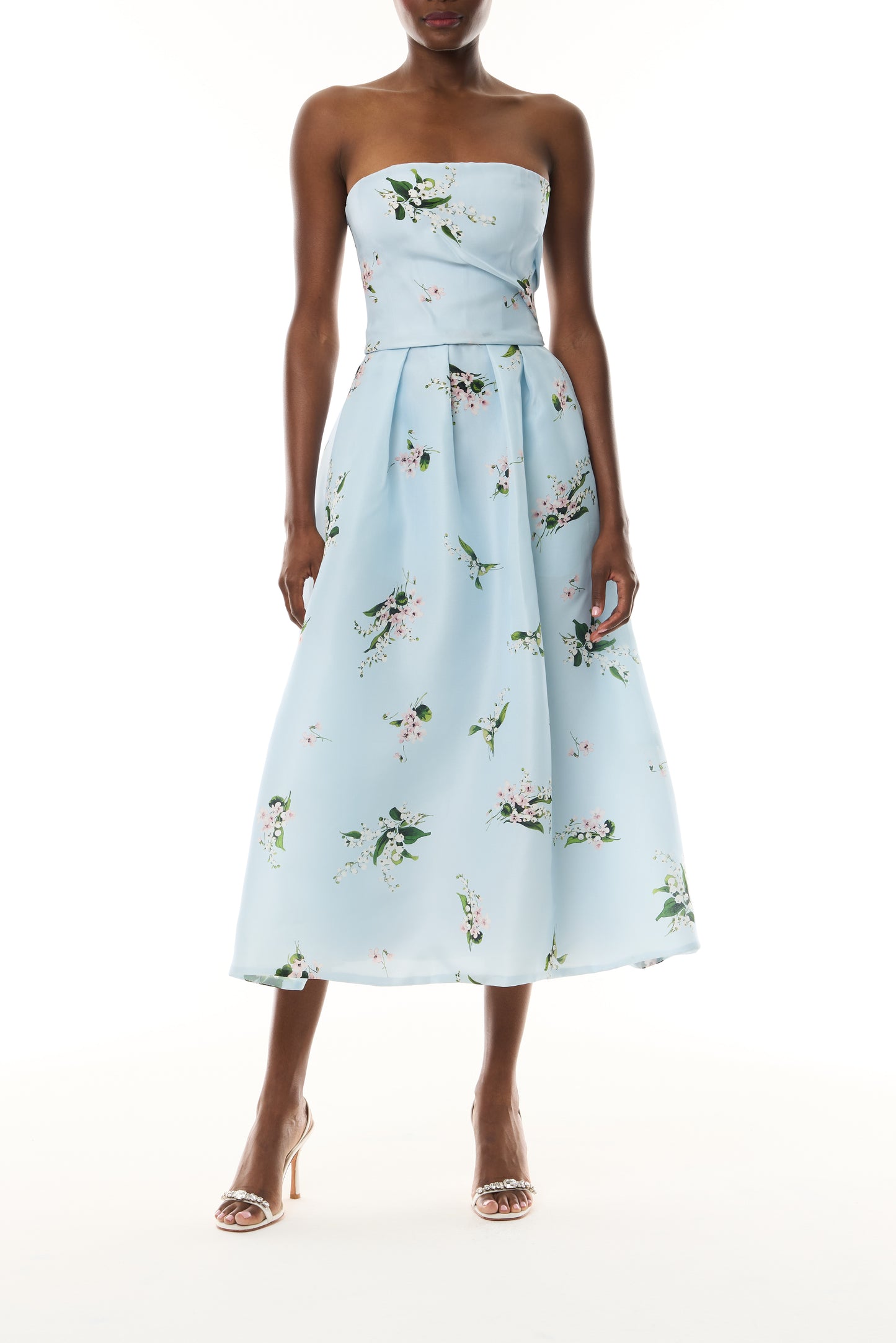 Monique Lhuillier Fall 2026 Breeze Multi Floating Posies Printed Gazar Strapless tea length dress - front.