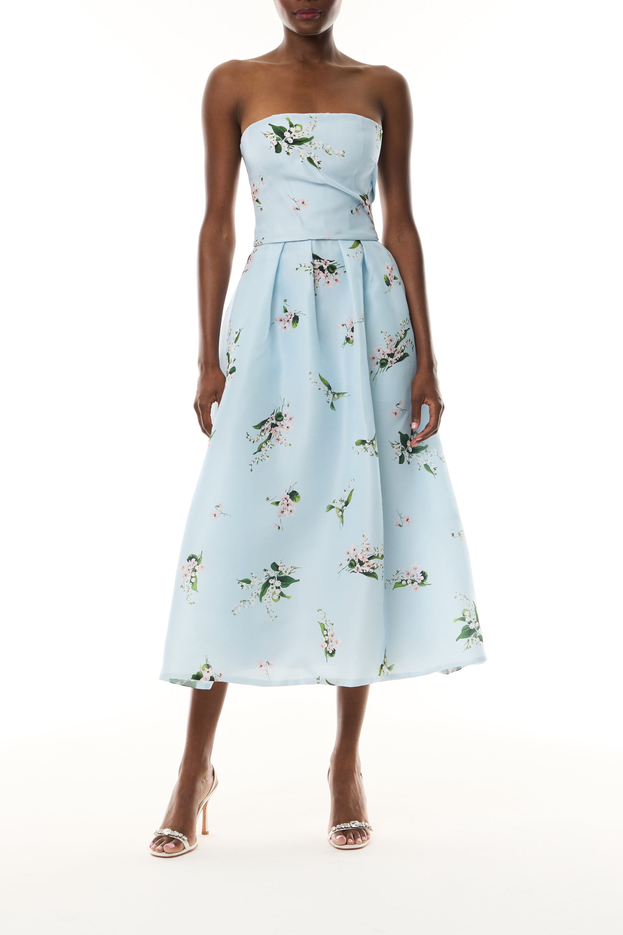 Monique Lhuillier Fall 2026 Breeze Multi Floating Posies Printed Gazar Strapless tea length dress - front.