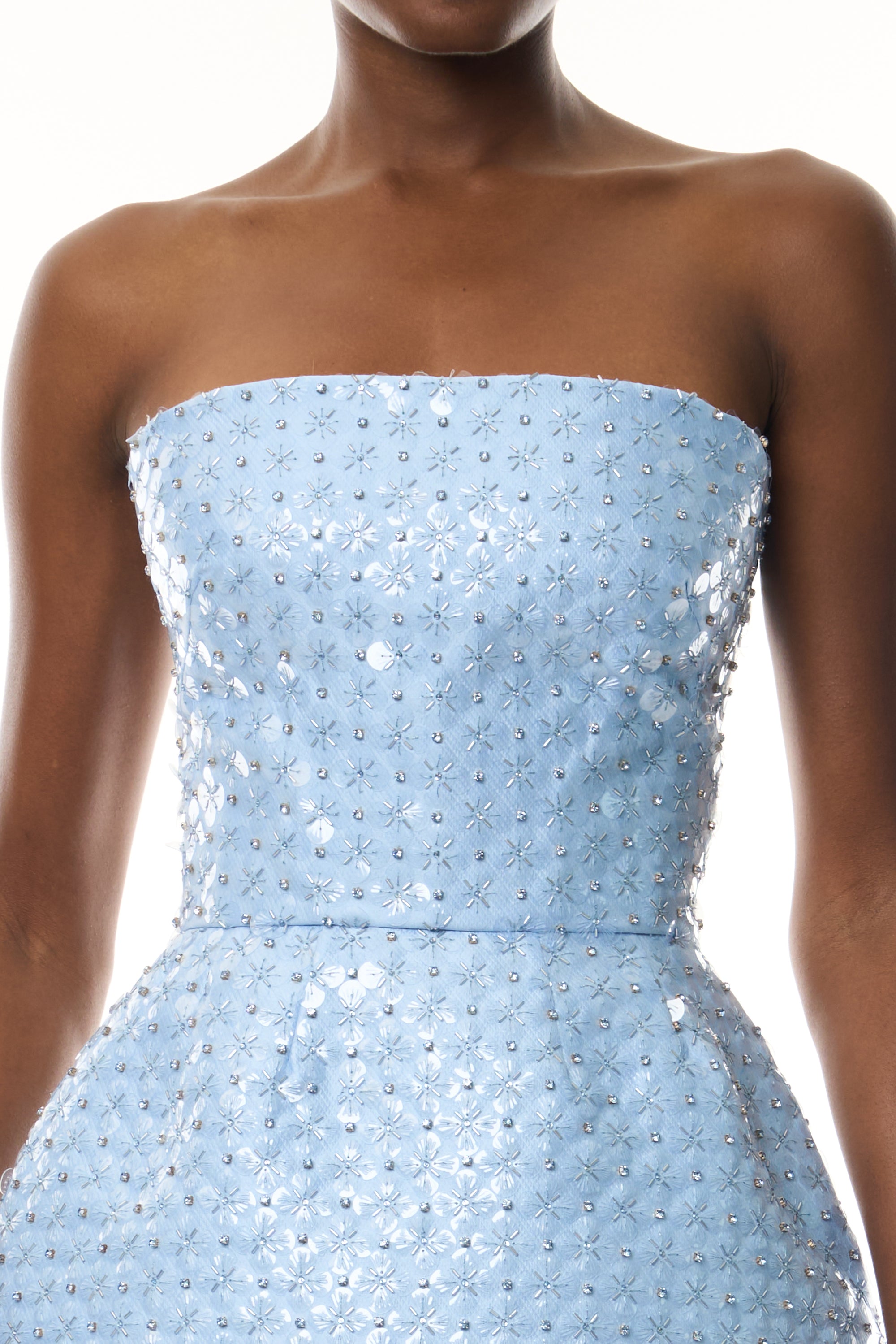 Monique Lhuillier Fall 2026 Pale blue embroidered Mikado Piqué strapless sculpted midi dress -fabric.