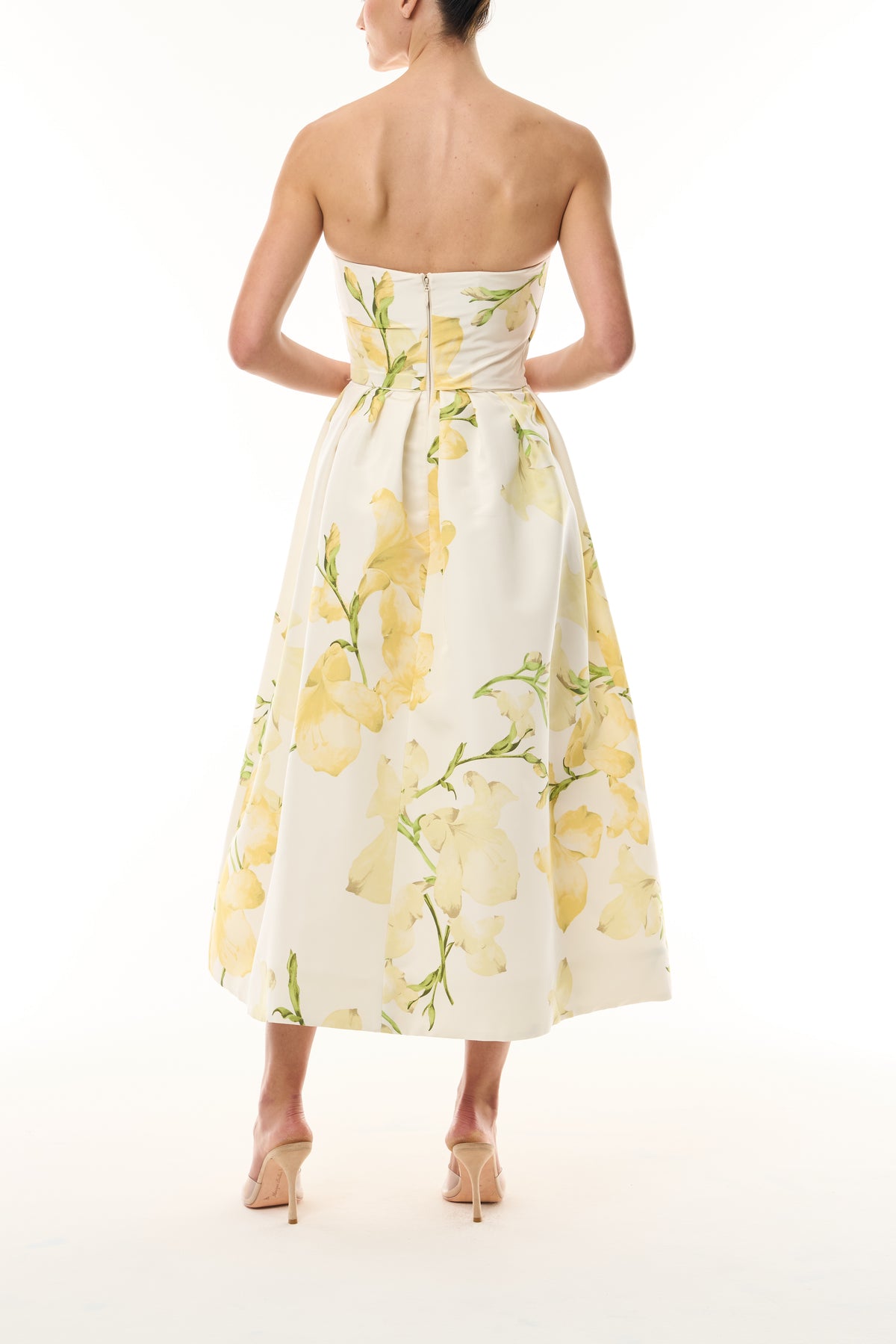 Monique Lhuillier pale yellow/multi Snapdragon Printed Faille Strapless Tea Length Dress - back.