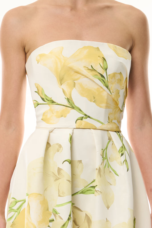 Monique Lhuillier pale yellow/multi Snapdragon Printed Faille Strapless Tea Length Dress - fabric.