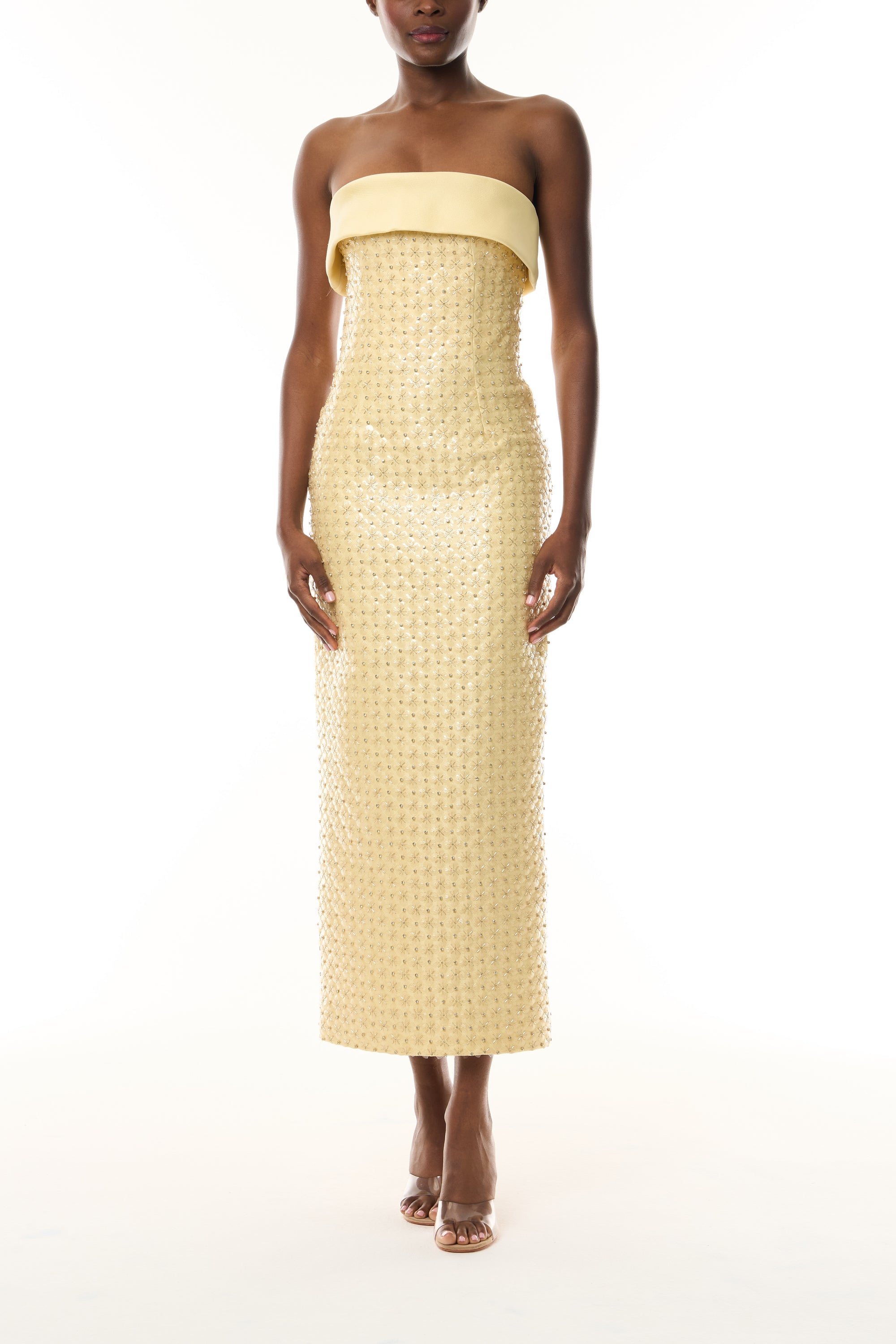 Monique Lhuillier Fall 2026 Pale Yellow Embroidered Mikado Piqué Strapless column dress - front.