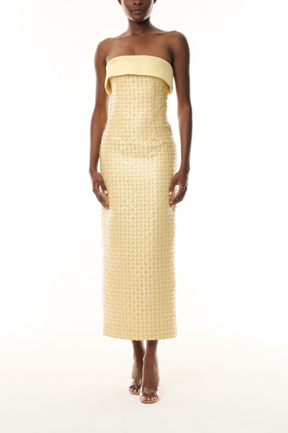 Monique Lhuillier Fall 2026 Pale Yellow Embroidered Mikado Piqué Strapless column dress - front. 