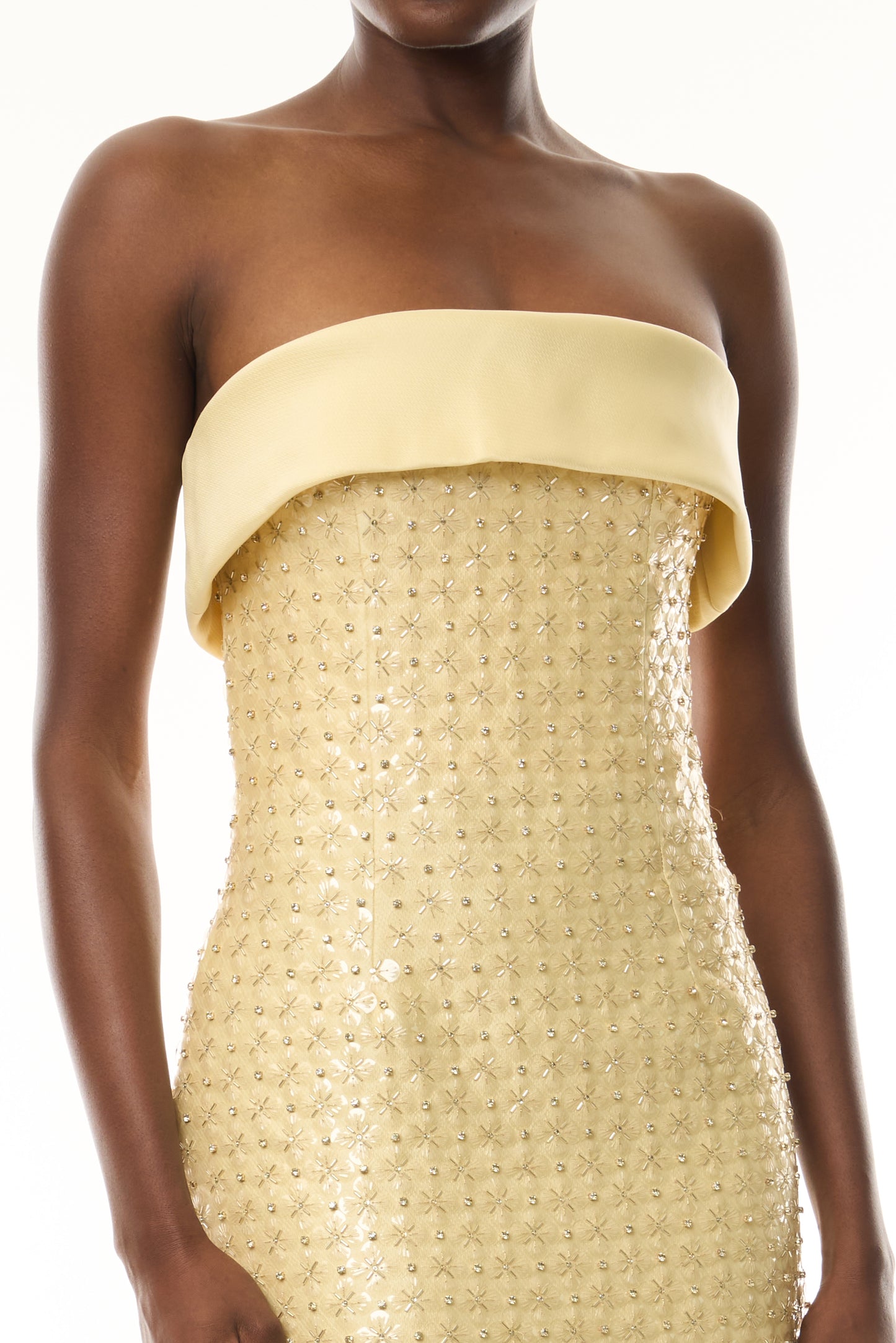 Monique Lhuillier Fall 2026 Pale Yellow Embroidered Mikado Piqué Strapless column dress - fabric.