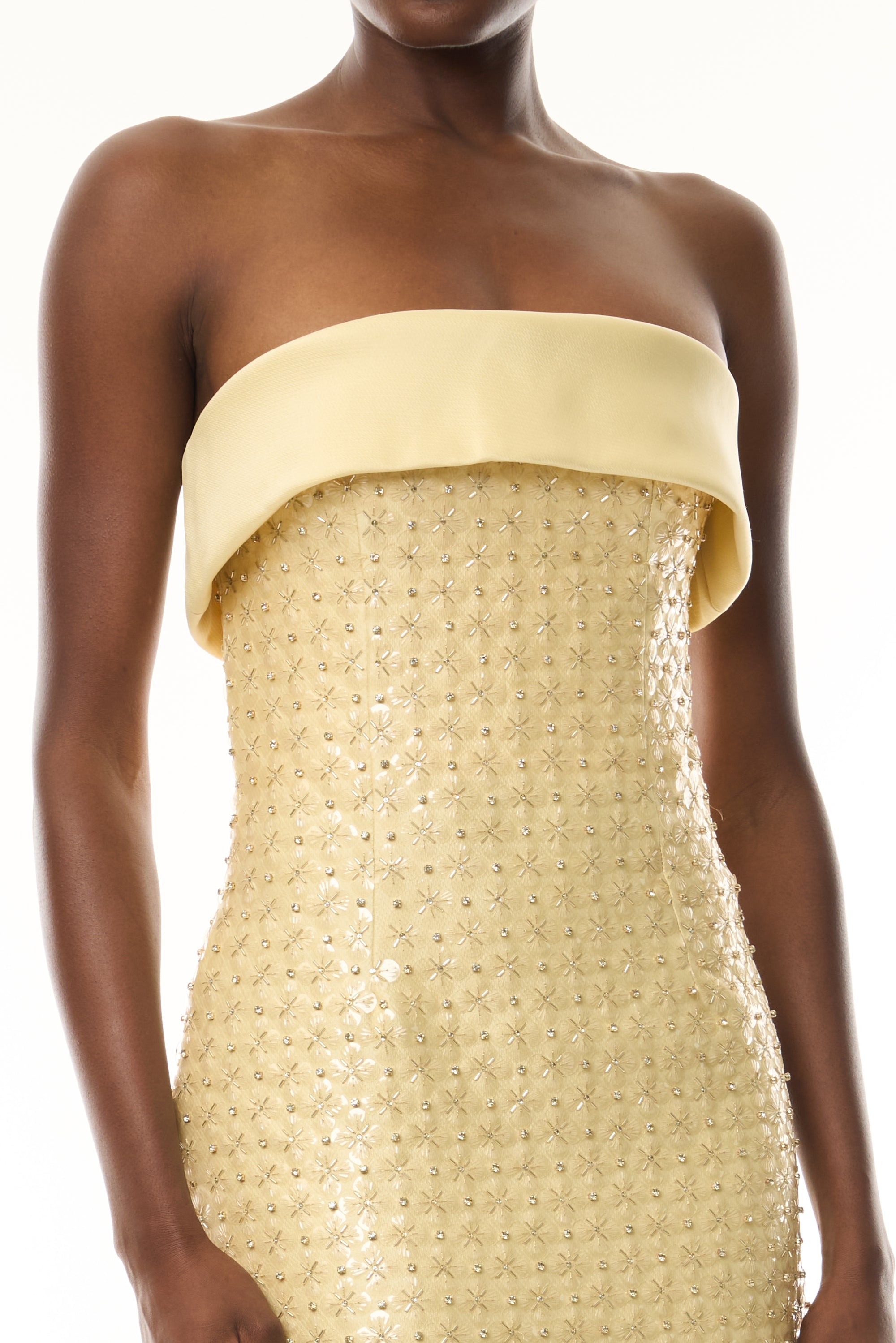 Monique Lhuillier Fall 2026 Pale Yellow Embroidered Mikado Piqué Strapless column dress - fabric.