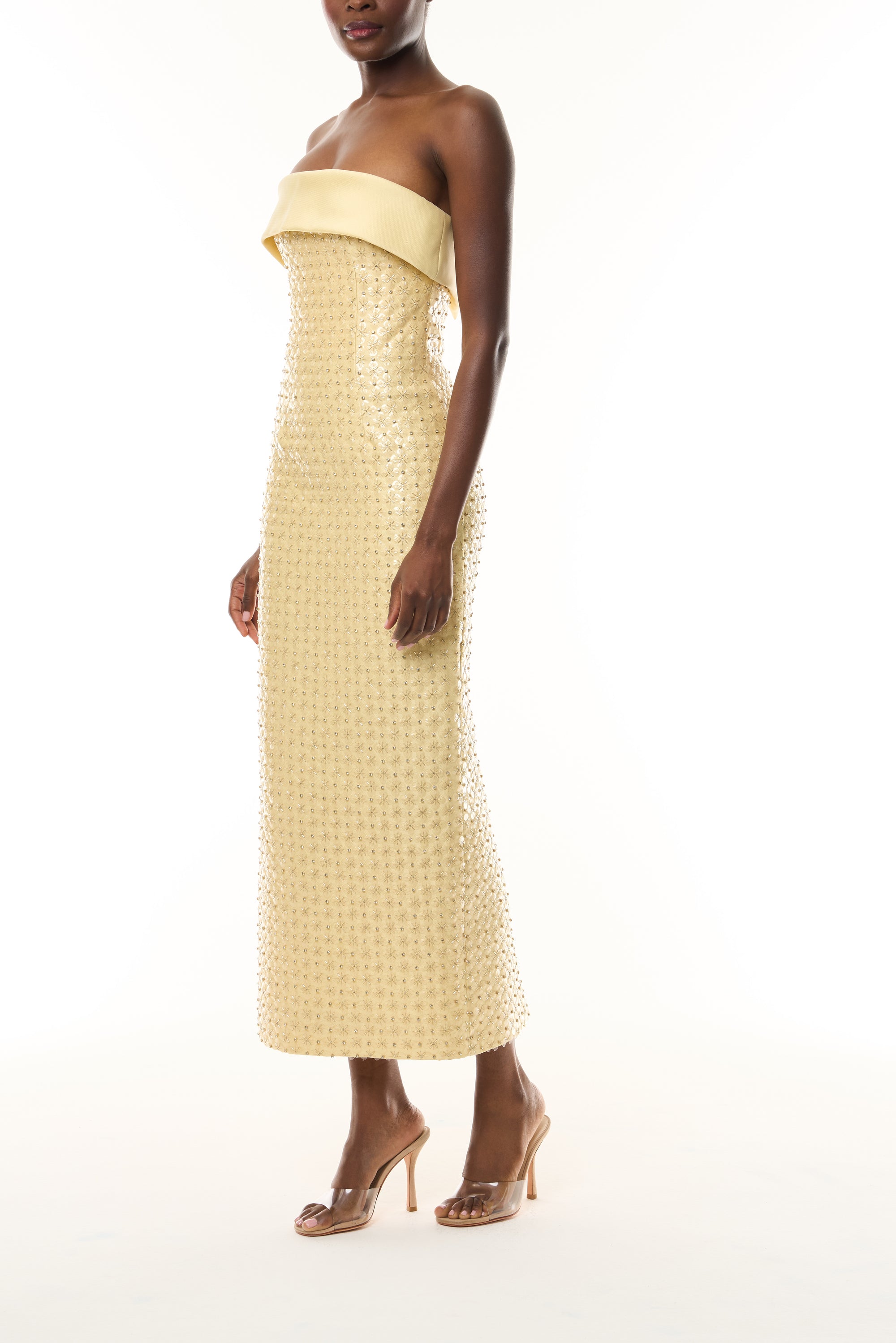 Monique Lhuillier Fall 2026 Pale Yellow Embroidered Mikado Piqué Strapless column dress - side.