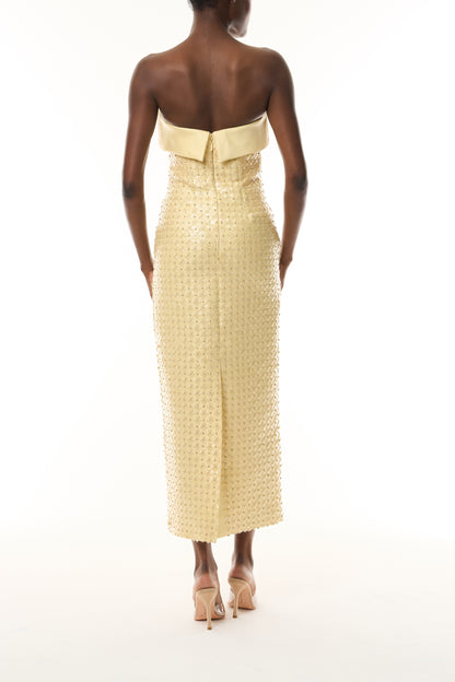 Monique Lhuillier Fall 2026 Pale Yellow Embroidered Mikado Piqué Strapless column dress - back.
