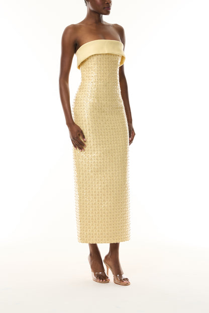 Monique Lhuillier Fall 2026 Pale Yellow Embroidered Mikado Piqué Strapless column dress - side.