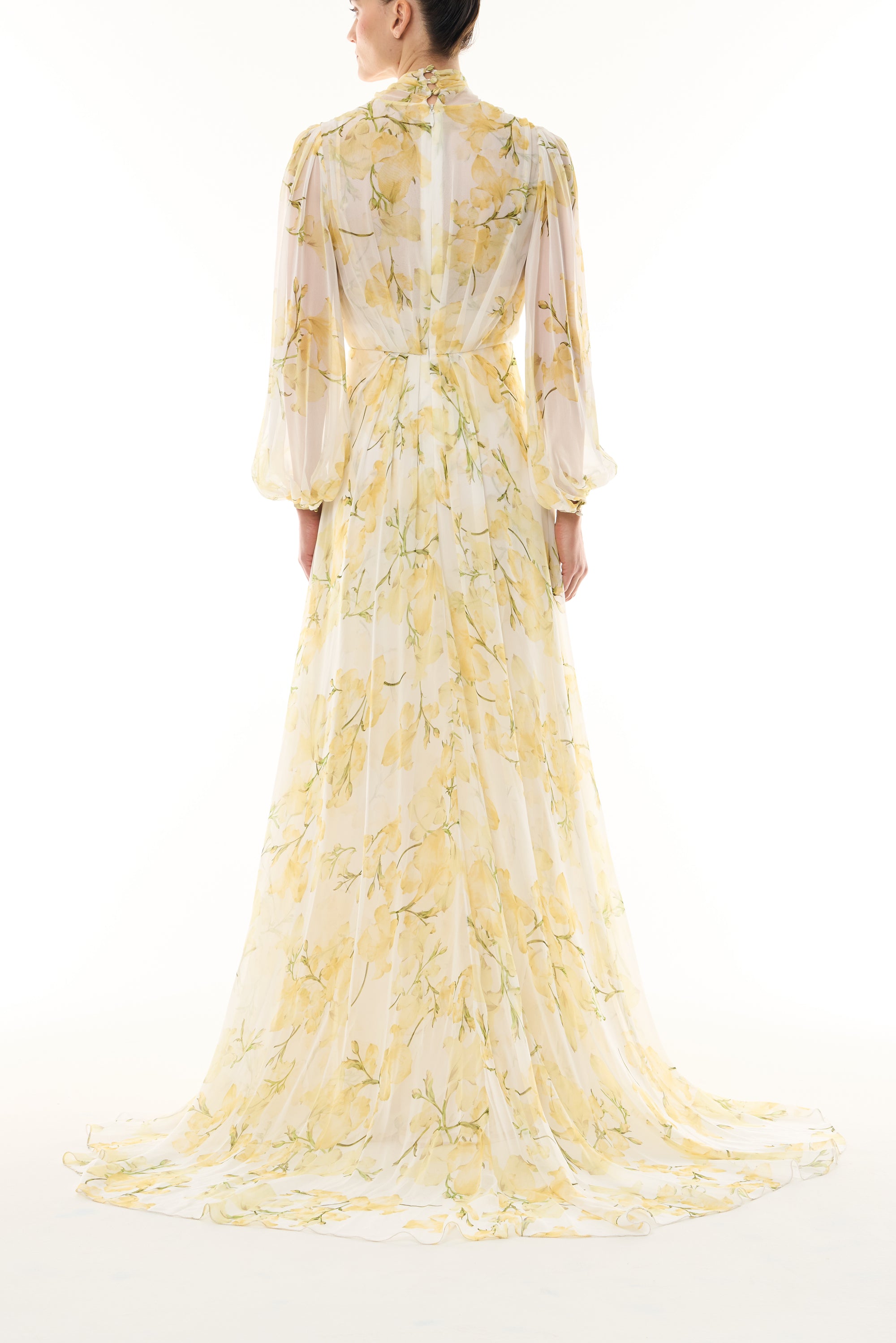 Monique Lhuillier Fall 2026 Pale Yellow/Multi Snapdragon Floral Printed Chiffon Draped V-neck long sleeve gown with blouson sleeves - back.